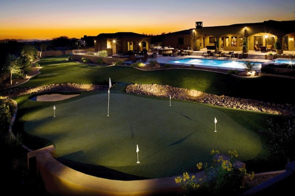 Southwest Greens of Fresno artificial golf green with sand trap at luxury home